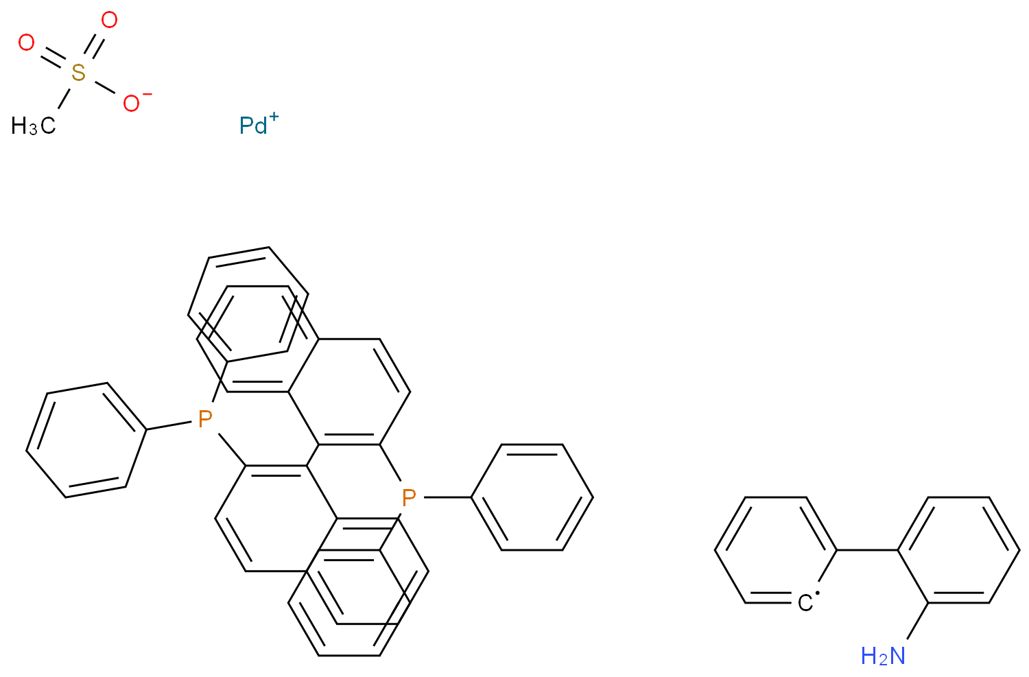 甲磺酸[2,2'-双(二苯基膦)-1,1'-联萘](2'-氨基-1,1'-联苯-2-基)钯(II)化学结构式