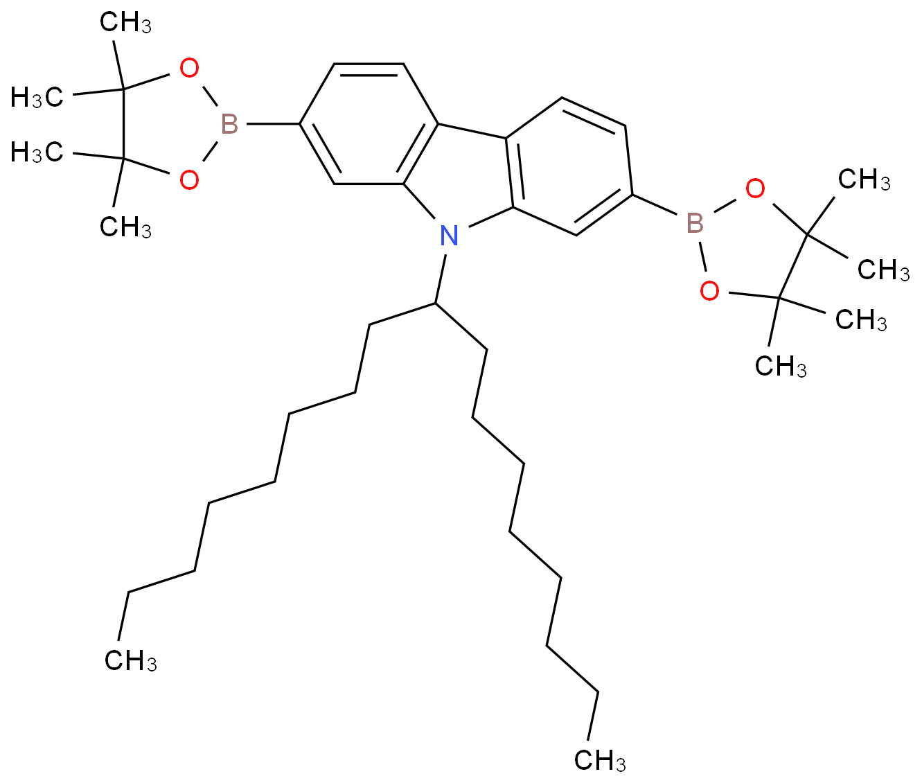 9-(1-Octylnonyl)-2,7-bis(4,4,5,5-tetramethyl-1,3,2-dioxaborolan-2-yl)-9H-carbazole structure