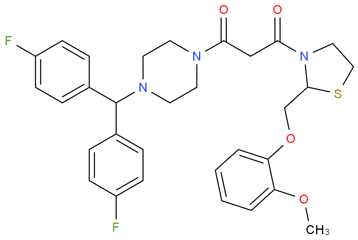 1-[4-[Bis(4-Fluorophenyl)Methyl]Piperazin-1-Yl]-3-[2-[(2-Methoxyphenoxy)Methyl]-1,3-Thiazolidin-3-Yl]Propane-1,3-Dione structure