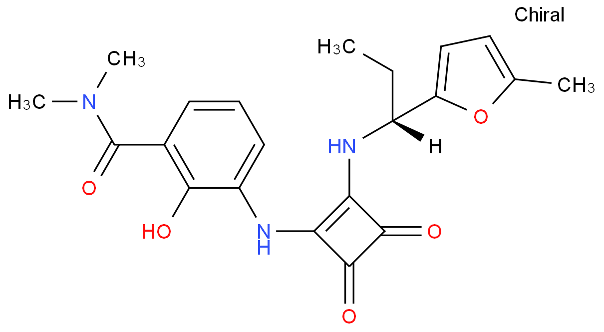 3-[[3-[(二甲基氨基)羰基]-2-羟基苯基]氨基]-4-[[(R)-1-(5-甲基呋喃-2-基)丙基]氨基]-3-环丁烯-1,2-二酮化学结构式