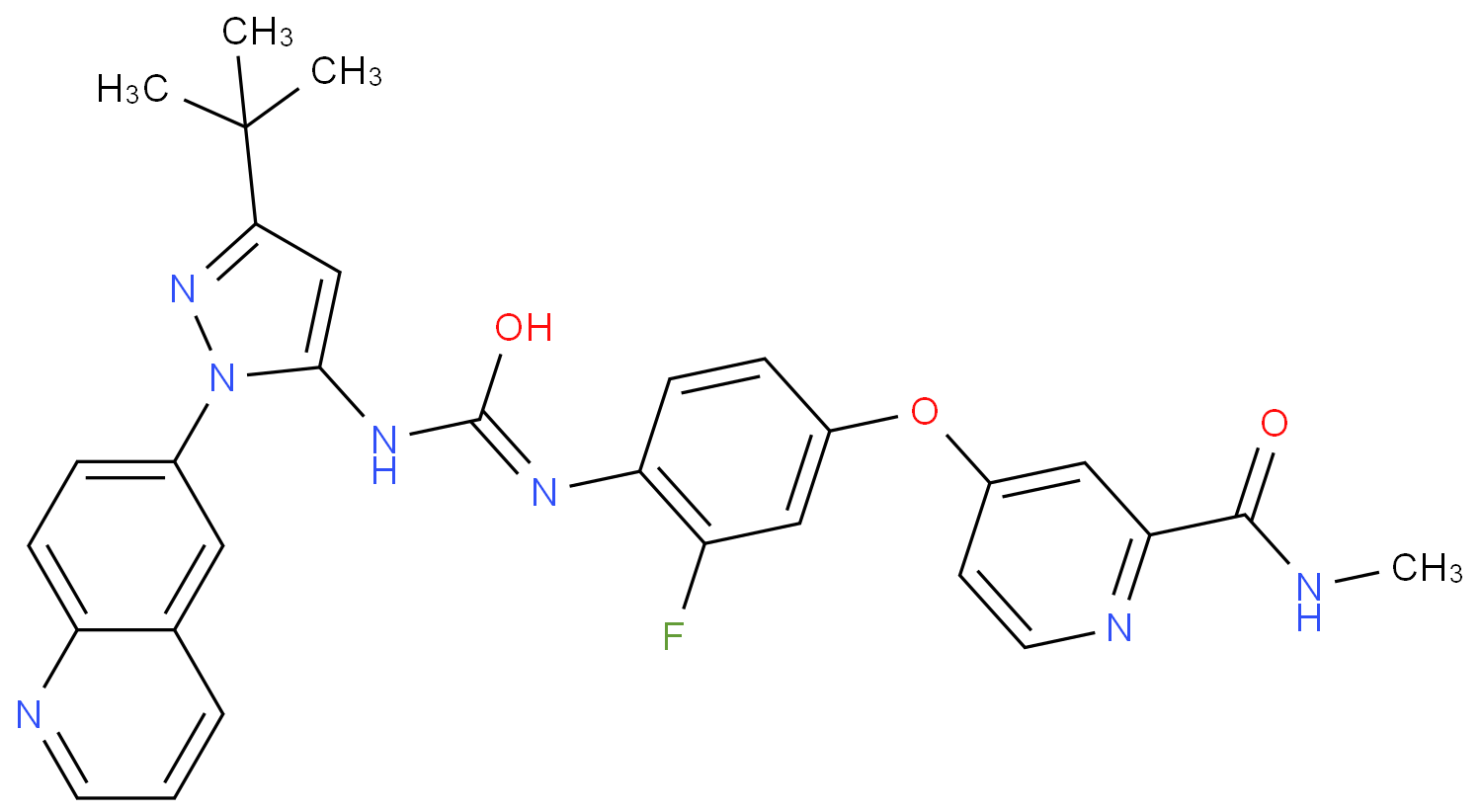 4-(4-(3-(3-(叔丁基)-1-(喹啉-6-基)-1H-吡唑-5-基)脲基)-3-氟苯氧基)-N-甲基吡啶酰胺/1020172-07-9