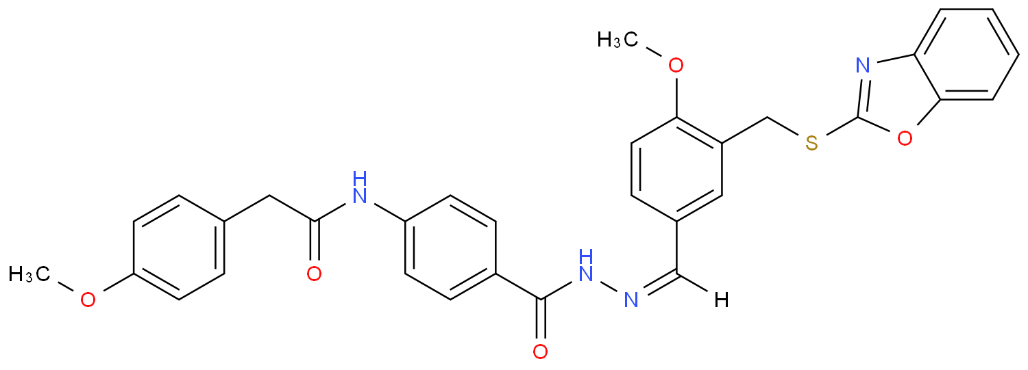 Benzoic acid, 4-[[(4-methoxyphenyl)acetyl]amino]-, [[3-[(2-benzoxazolylthio)methyl]-4-methoxyphenyl]methylene]hydrazide (9CI)