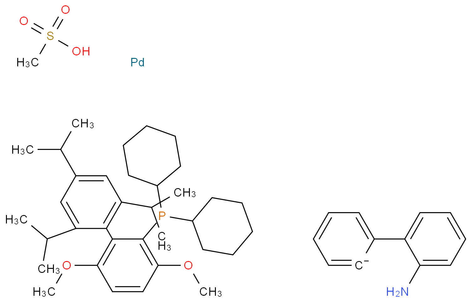 甲烷磺酸(2-二环己基膦)-3,6-二甲氧基-2',4',6'-三异丙基-1,1'-联苯)(2'-氨基-1,1'-联苯-2-基)钯(II)化学结构式