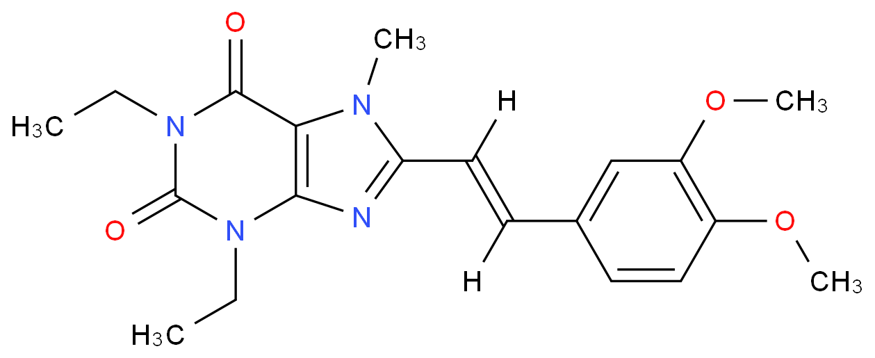 8-[(E)-2-(3,4-dimethoxyphenyl)ethenyl]-1,3-diethyl-7-methyl-purine-2,6 -dione structure