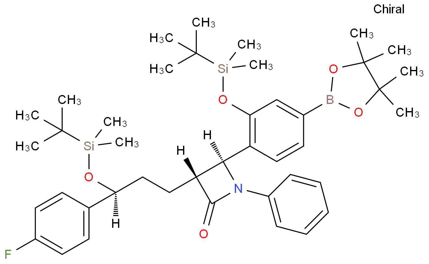 (3R,4S)-3-[(3S)-3-[[(1,1-Dimethylethyl)dimethylsilyl]oxy]-3-(4-fluorophenyl)propyl]-4-[2-[[(1,1-dimethylethyl)dimethylsilyl]oxy]-4-(4,4,5,5-tetramethyl-1,3,2-dioxaborolan-2-yl)phenyl]-1-phenyl-2-azetidinone structure