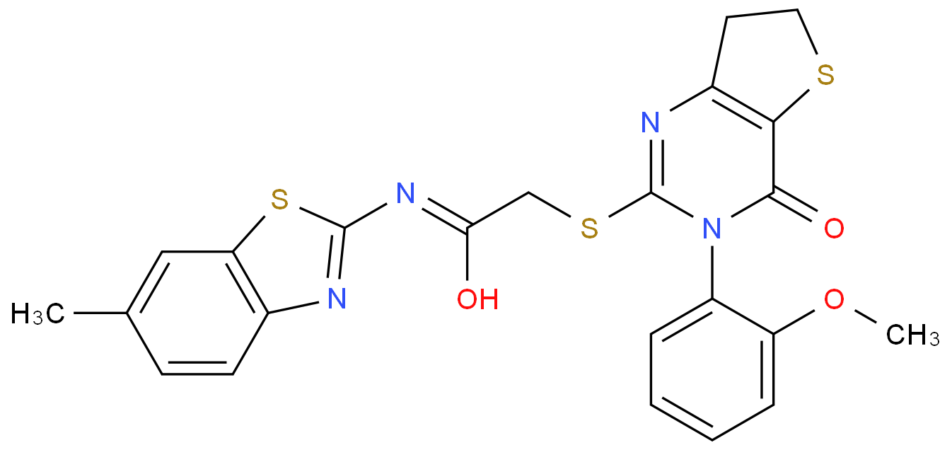 2-((3-(2-甲氧基苯基)-4-氧代-3,4,6,7-四氢噻吩并[3,2-D]嘧啶-2-基)硫代)-N-(6-甲基苯并[D]噻唑-2-基)乙酰胺 CAS号:686772-17-8科研及生产专用 高校及研究所支持货到付款