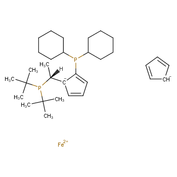 158923-11-6 (R)-1-[(S)-2-( 二环己基膦基)二茂铁基]乙基二叔丁基膦 结构式图片