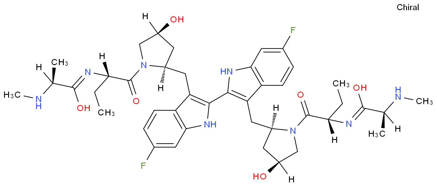 (2S)-N-[(2S)-1-[(2R,4S)-2-[[6-fluoro-2-[6-fluoro-3-[[(2R,4S)-4-hydroxy-1-[(2S)-2-[[(2S)-2-(methylamino)propanoyl]amino]butanoyl]pyrrolidin-2-yl]methyl]-1H-indol-2-yl]-1H-indol-3-yl]methyl]-4-hydroxypyrrolidin-1-yl]-1-oxobutan-2-yl]-2-(methylamino)propana