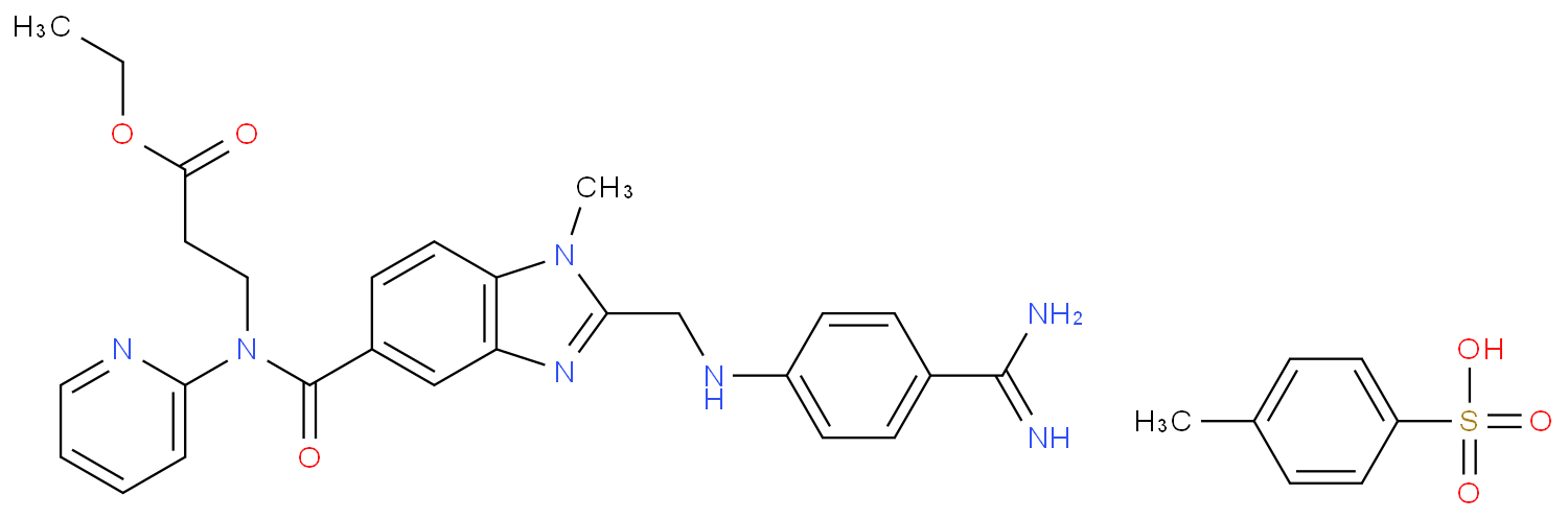 Name N-[[2-[[[4-(Aminoiminomethyl)phenyl]amino]methyl]-1-methyl-1H-benzimidazol-5-yl]arbonyl]-N-2-pyridinyl-beta-alanine ethyl ester 4-methylbenzenesulfonate