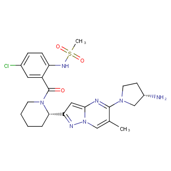 N-(2-((S)-2-(5-((S)-3-氨基吡咯烷-1-基)-6-甲基吡唑并[1,5-a]嘧啶-2-基)哌啶-1-羰基) )-4-氯苯基)甲磺酰胺/1353625-73-6